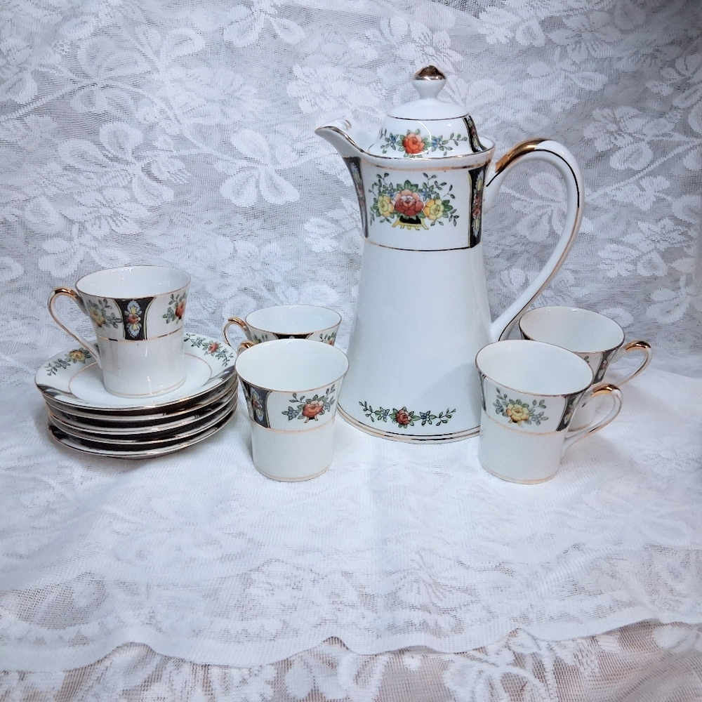 Antique Noritake Coffee Or Chocolate Pot And Service For Five Floral